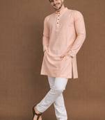Peach color jaquard butti work jaquard silk kurta payjama set