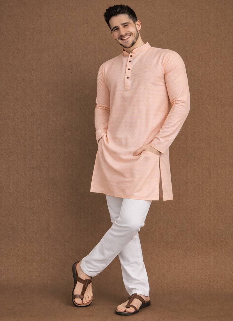 Peach color jaquard butti work jaquard silk kurta payjama set