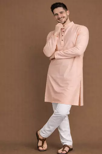 Peach color jaquard butti work jaquard silk kurta payjama set