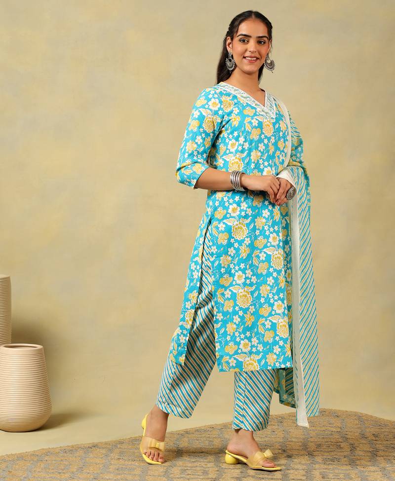 Myra turquoise sun-bloom suit set