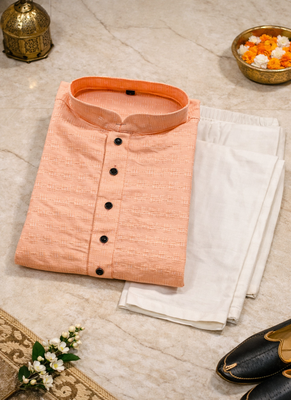 Peach color jaquard butti work jaquard silk kurta payjama set 5
