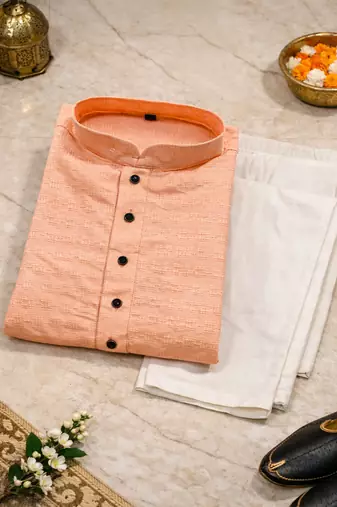Peach color jaquard butti work jaquard silk kurta payjama set