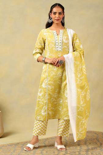 Edika olive-lime floral suit set
