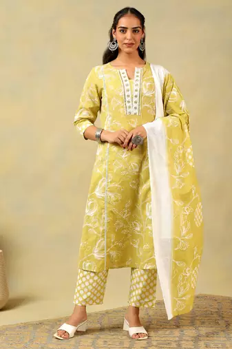 Edika olive-lime floral suit set