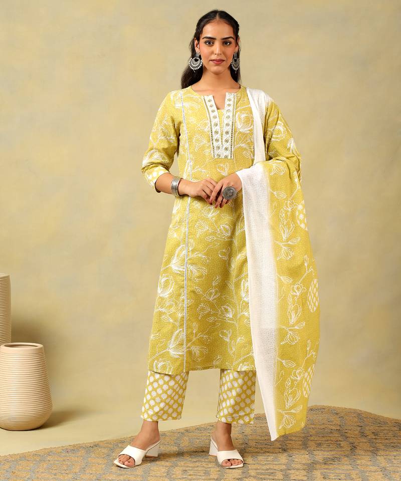 Edika olive-lime floral suit set