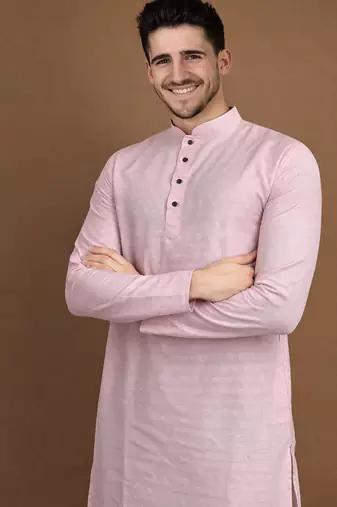 Pink color jaquard butti work jaquard silk kurta payjama set