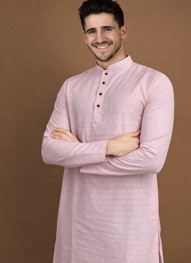 Pink color jaquard butti work jaquard silk kurta payjama set
