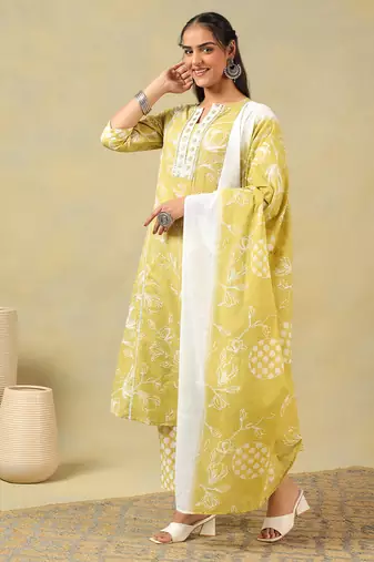 Edika olive-lime floral suit set
