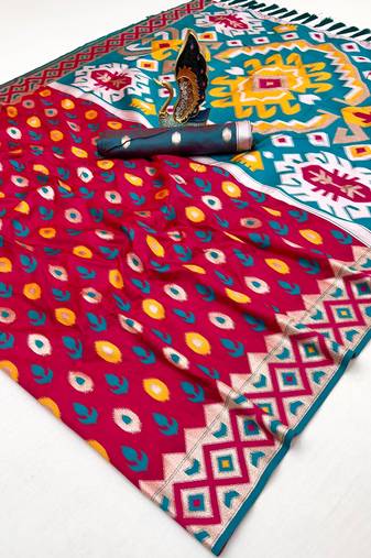 Red color  Banarasi zari and Meenakari ikkat design Work  Silk saree