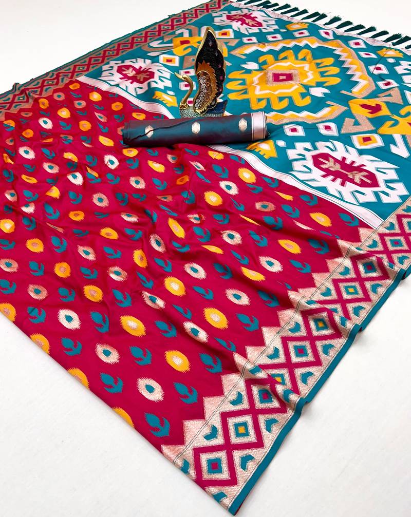 Red color  Banarasi zari and Meenakari ikkat design Work  Silk saree