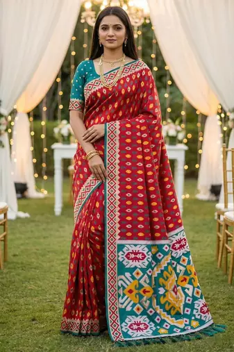 Red color  Banarasi zari and Meenakari ikkat design Work  Silk saree
