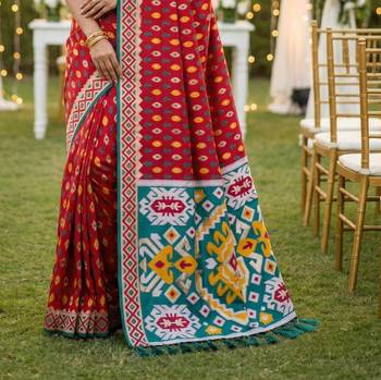 Red color  Banarasi zari and Meenakari ikkat design Work  Silk saree 3
