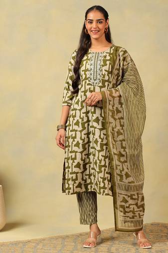 Vaani olive abstract suit set