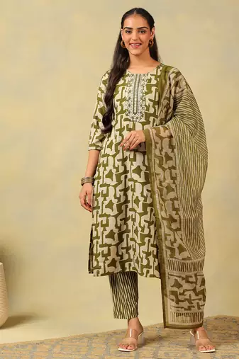 Vaani olive abstract suit set
