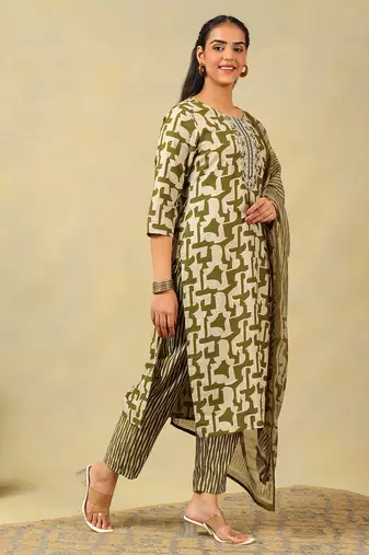 Vaani olive abstract suit set