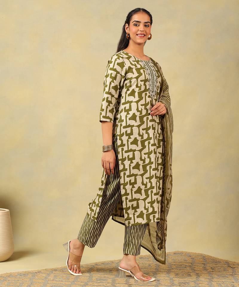 Vaani olive abstract suit set