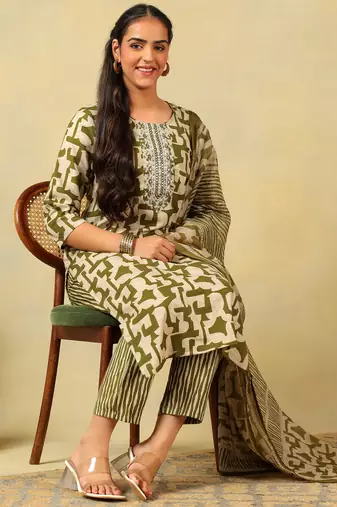Vaani olive abstract suit set