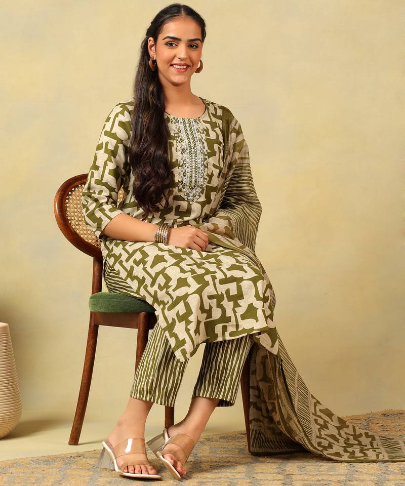 Vaani olive abstract suit set