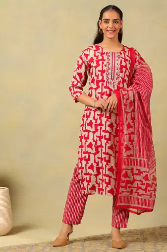 Sanaya deep rose abstract suit set