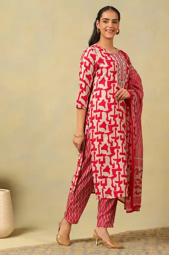 Sanaya deep rose abstract suit set