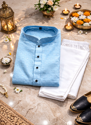 Sky blue color jaquard butti work jaquard silk kurta payjama set 5