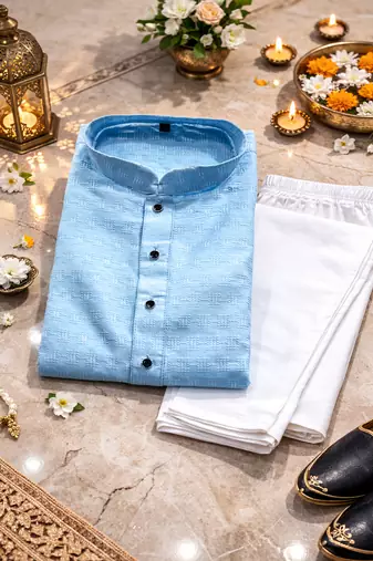Sky blue color jaquard butti work jaquard silk kurta payjama set