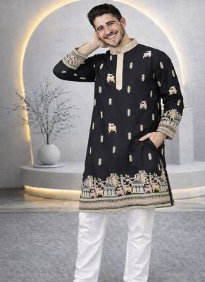 Black color multi thread embroidery work silk kurta payjama set 1