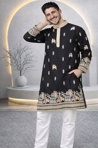 Black color multi thread embroidery work silk kurta payjama set