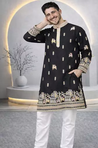 Black color multi thread embroidery work silk kurta payjama set