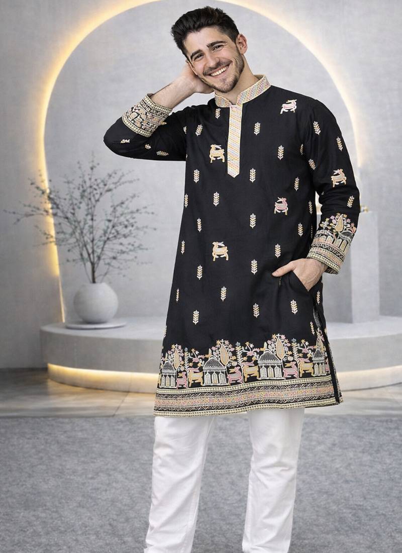 Black color multi thread embroidery work silk kurta payjama set