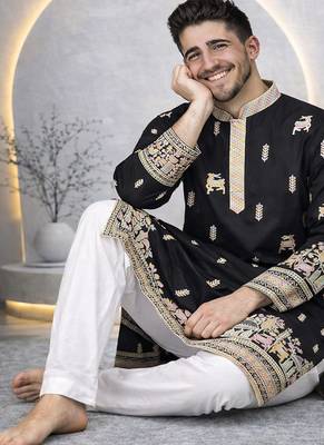 Black color multi thread embroidery work silk kurta payjama set 2