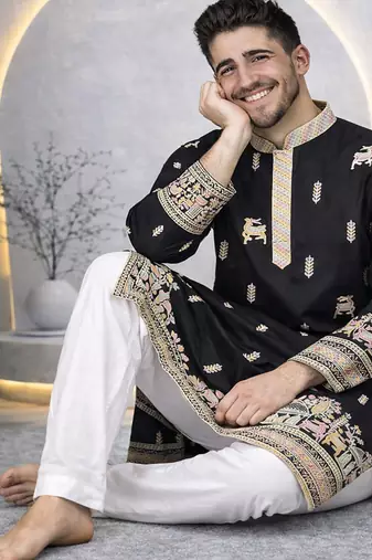Black color multi thread embroidery work silk kurta payjama set