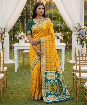 Yellow color  Banarasi zari and Meenakari ikkat design Work  Silk saree 1