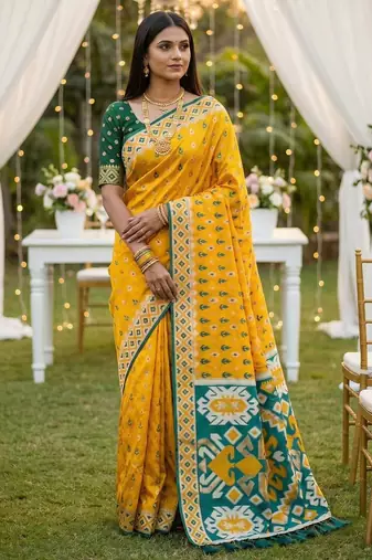 Yellow color  Banarasi zari and Meenakari ikkat design Work  Silk saree
