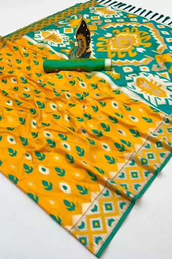Yellow color  Banarasi zari and Meenakari ikkat design Work  Silk saree