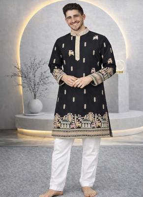Black color multi thread embroidery work silk kurta payjama set 3
