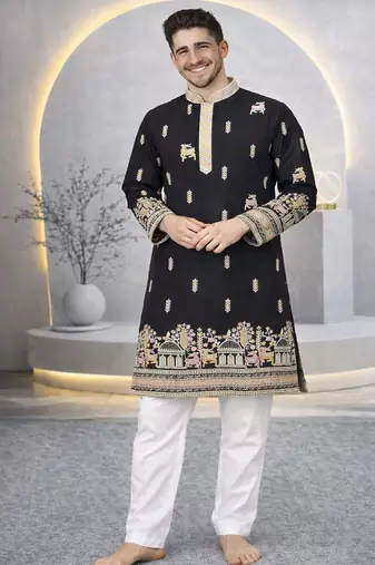 Black color multi thread embroidery work silk kurta payjama set