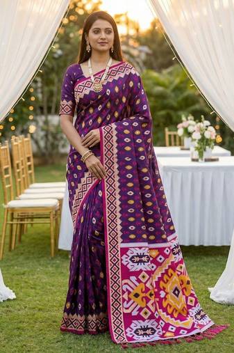 Purple color  Banarasi zari and Meenakari ikkat design Work  Silk saree