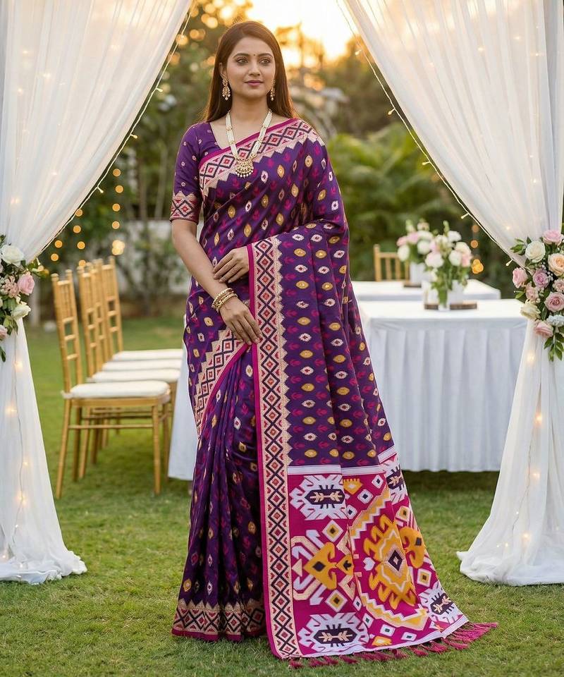 Purple color  Banarasi zari and Meenakari ikkat design Work  Silk saree