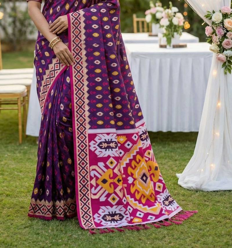 Purple color  Banarasi zari and Meenakari ikkat design Work  Silk saree