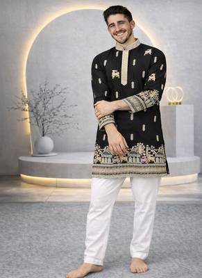 Black color multi thread embroidery work silk kurta payjama set 4