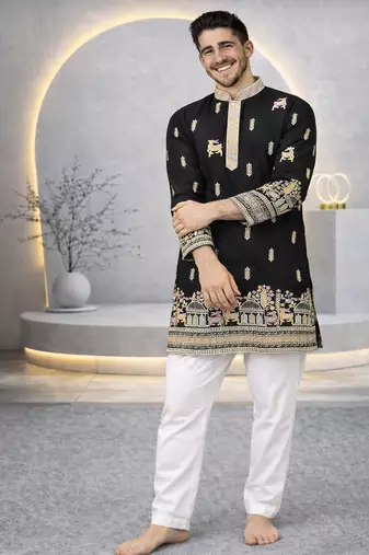 Black color multi thread embroidery work silk kurta payjama set