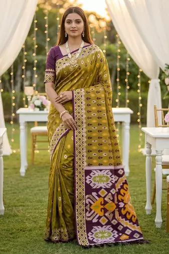 Olive Color  Banarasi zari and Meenakari ikkat design Work  Silk saree
