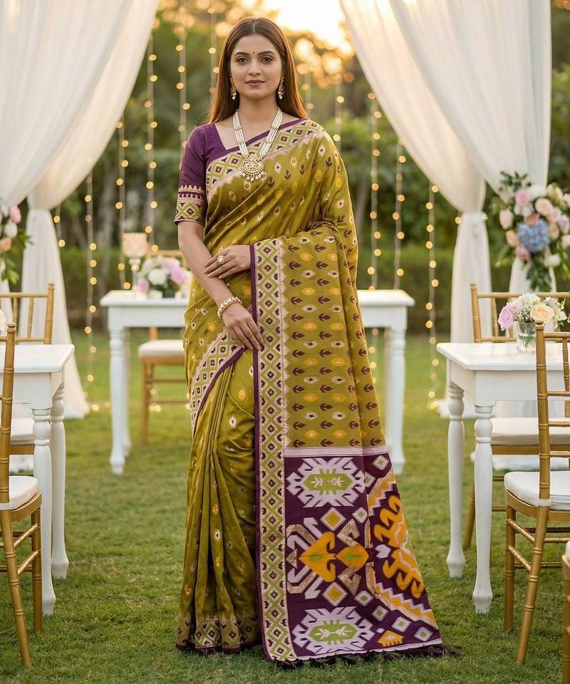 Olive Color  Banarasi zari and Meenakari ikkat design Work  Silk saree