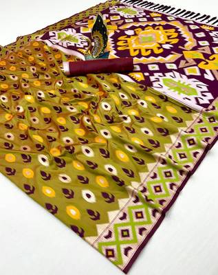 Olive Color  Banarasi zari and Meenakari ikkat design Work  Silk saree 2
