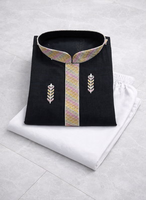 Black color multi thread embroidery work silk kurta payjama set 5