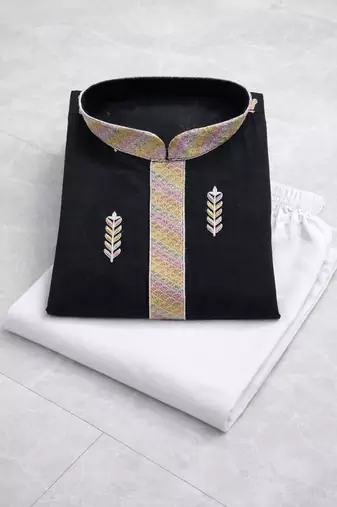 Black color multi thread embroidery work silk kurta payjama set