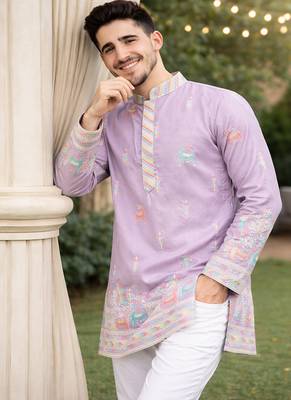 Lavender color multi thread embroidery work silk kurta payjama set 1