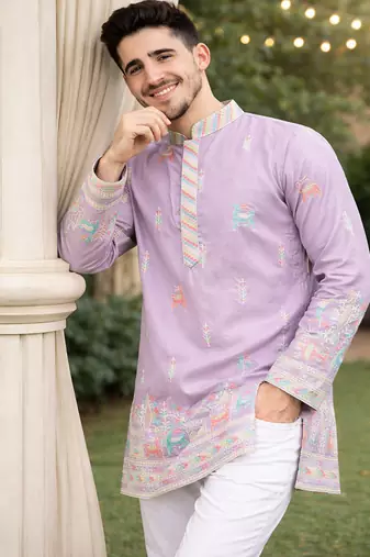 Lavender color multi thread embroidery work silk kurta payjama set