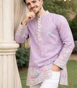 Lavender color multi thread embroidery work silk kurta payjama set